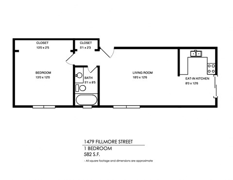 A floor plan of a one bedroom apartment at 1479 Fillmore Street.